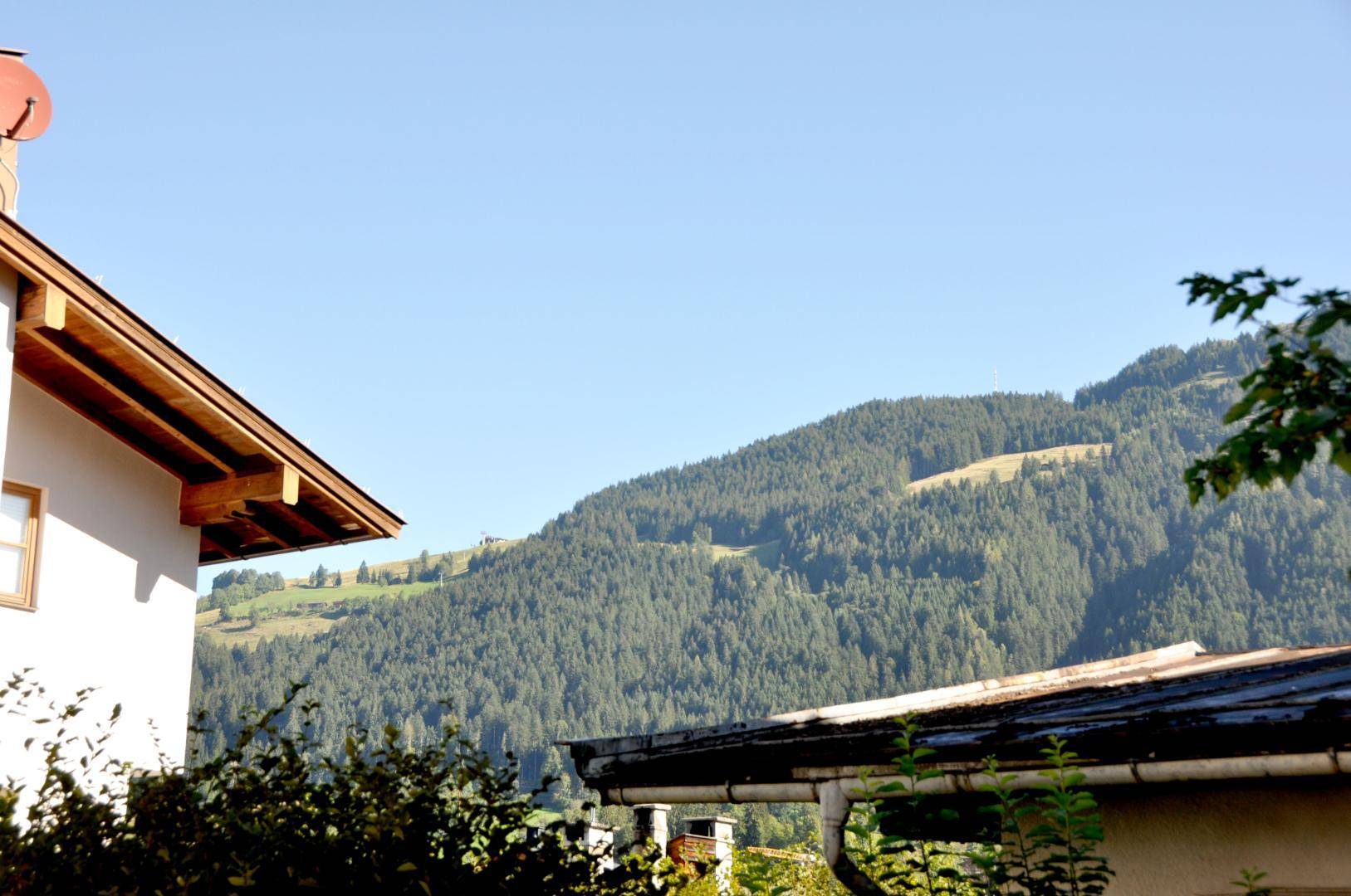 Malerischer Blick auf bewaldete Berge unter einem klaren blauen Himmel.