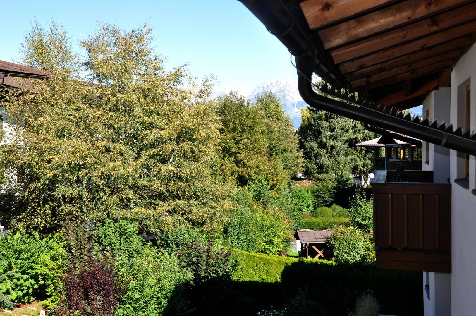 Grüner Ausblick von einem Balkon auf üppige Bäume und eine ferne Berglandschaft.
