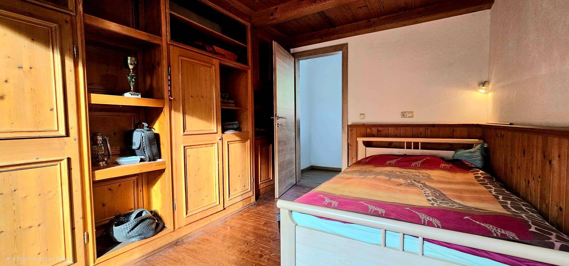 Gemütliches Schlafzimmer mit Holzeinbauschränken, Holzboden und einem Bett mit bunter Decke.