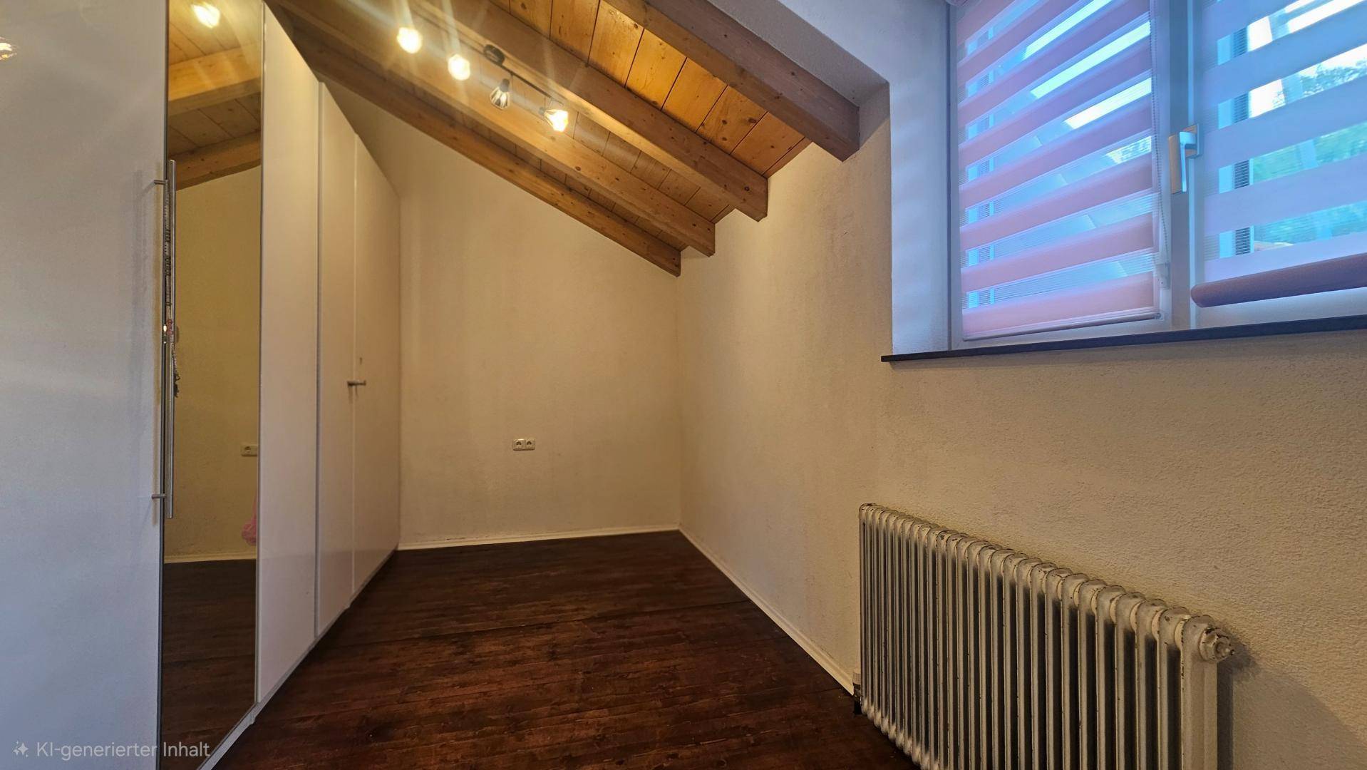Dachgeschossraum mit sichtbaren Holzbalken, Dachschräge und Fenster mit Jalousien für natürliches Licht.