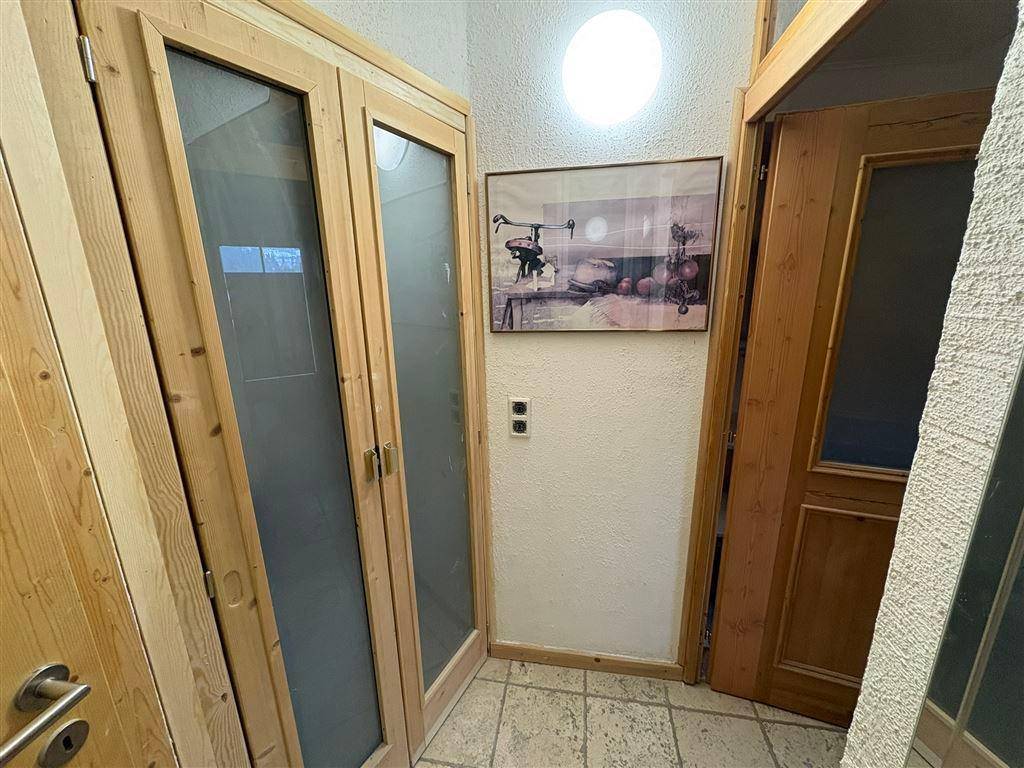 Gangbereich mit Holztüren, einer davon mit Milchglas, und einem Bild an der Wand.