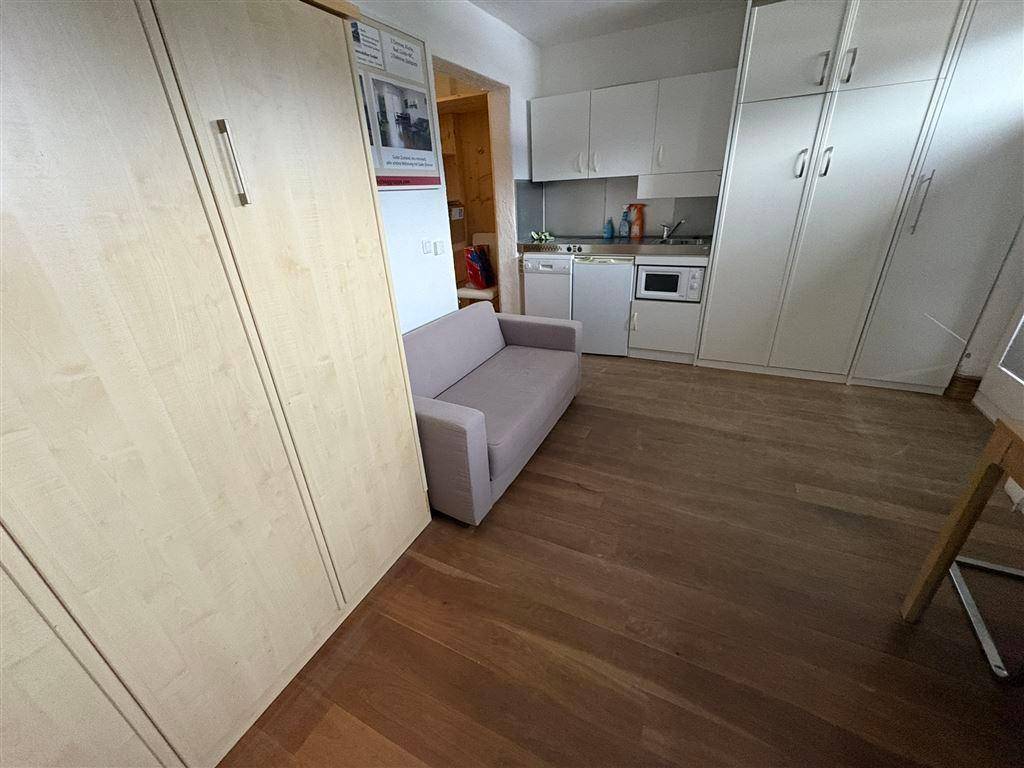 Wohnbereich mit ausklappbarem Wandbett, Sofa und integrierter Küchenzeile für kompaktes Wohnen.