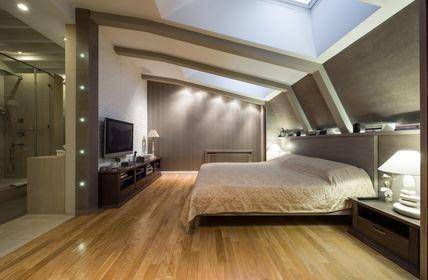 Gemütliches Schlafzimmer im Dachgeschoss mit Holzboden, Dachfenster und integrierter Dusche.