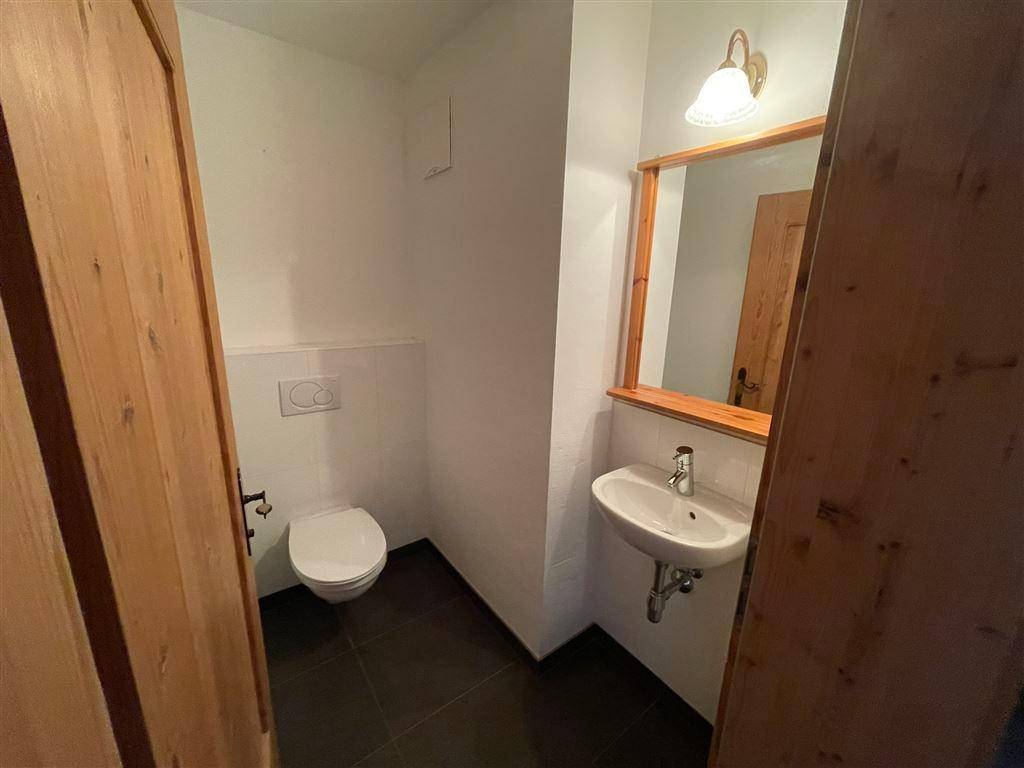Kleines Gäste-WC mit Wand-WC, Waschbecken und Holzspiegel.