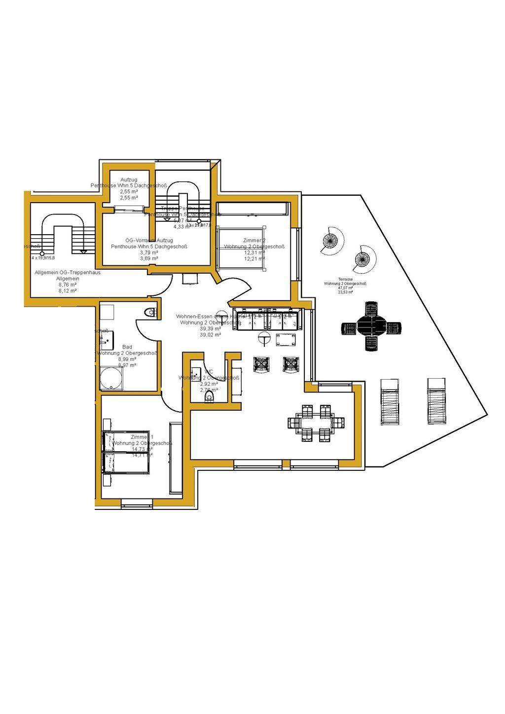 Detaillierter Grundriss der Wohnung mit Raumaufteilung und Terrassenbereich.