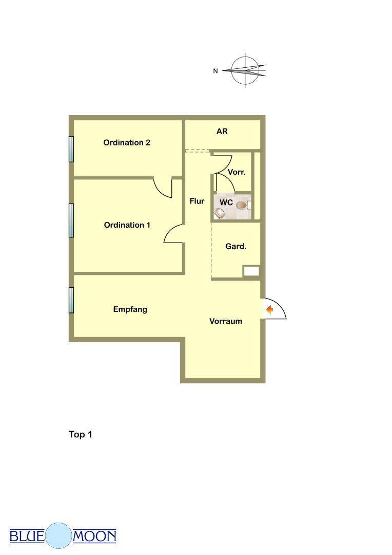 Übersichtlicher Grundriss mit Empfangsbereich, zwei Ordinationsräumen, WC und Abstellraum.