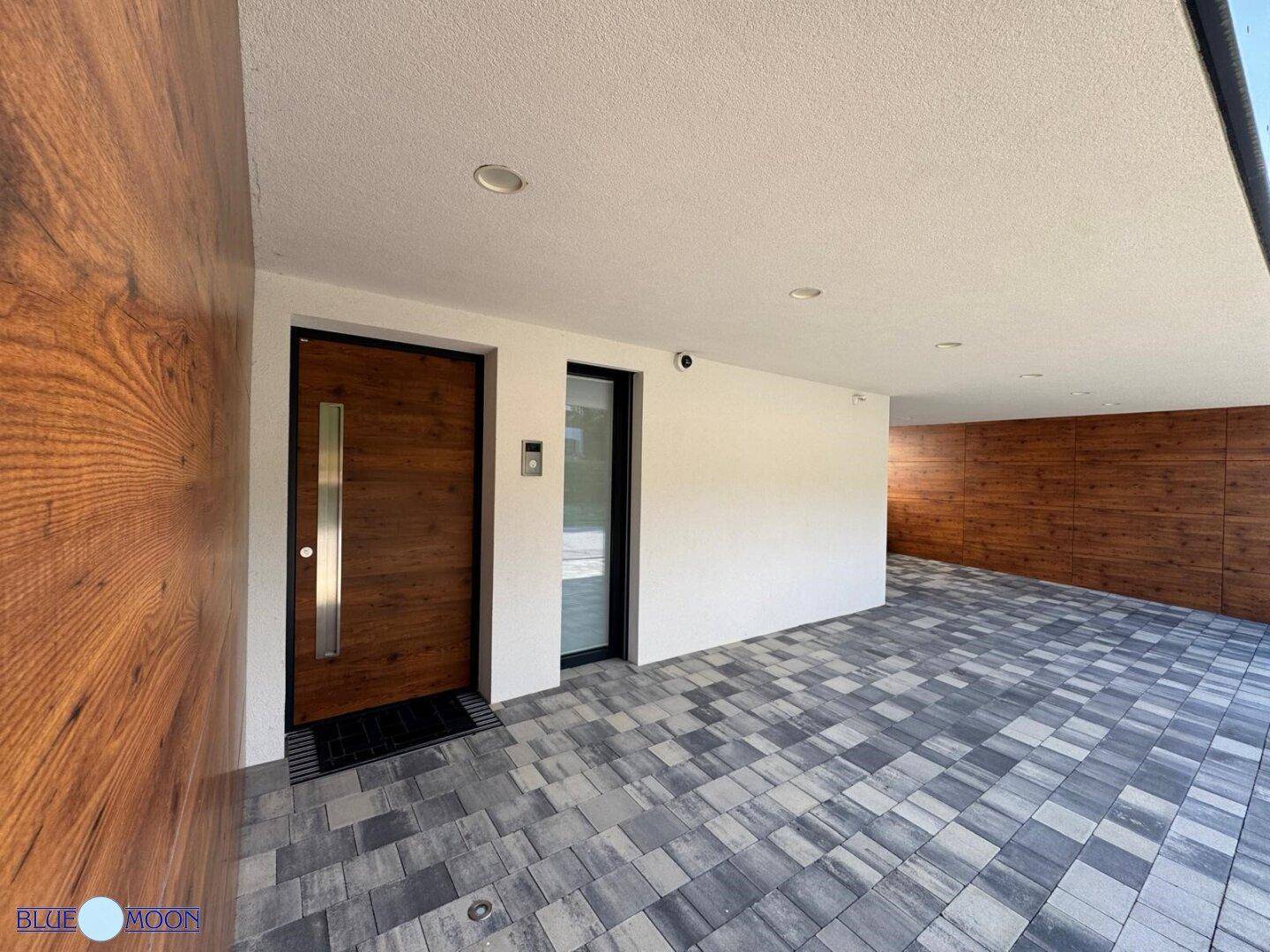 Moderner Hauseingang mit Holztür und seitlichem Glaselement unter dem Carport.