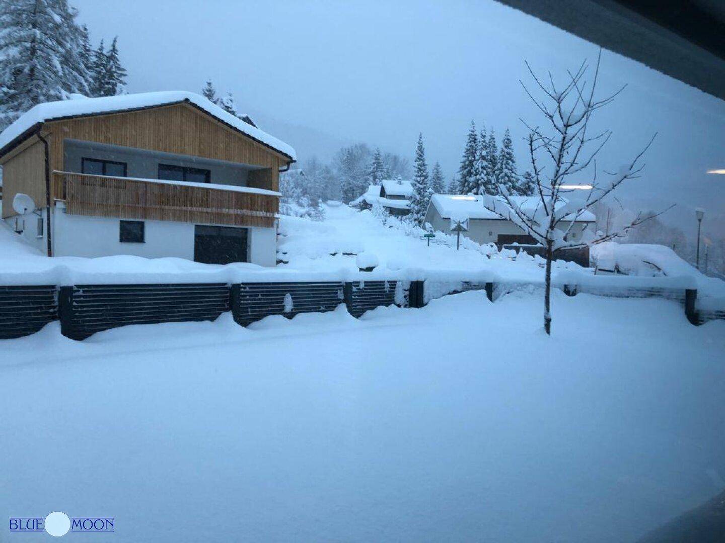 Winterlandschaft mit verschneitem Garten und einem traditionellen Holzhaus an einem bewölkten Tag.