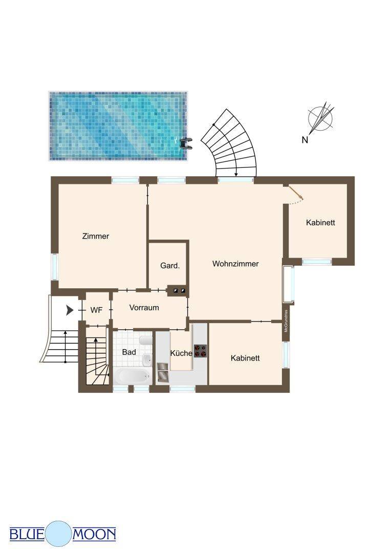 Grundriss des Obergeschosses mit Zimmern, Wohnzimmer, Küche, Bad und einem externen Pool.