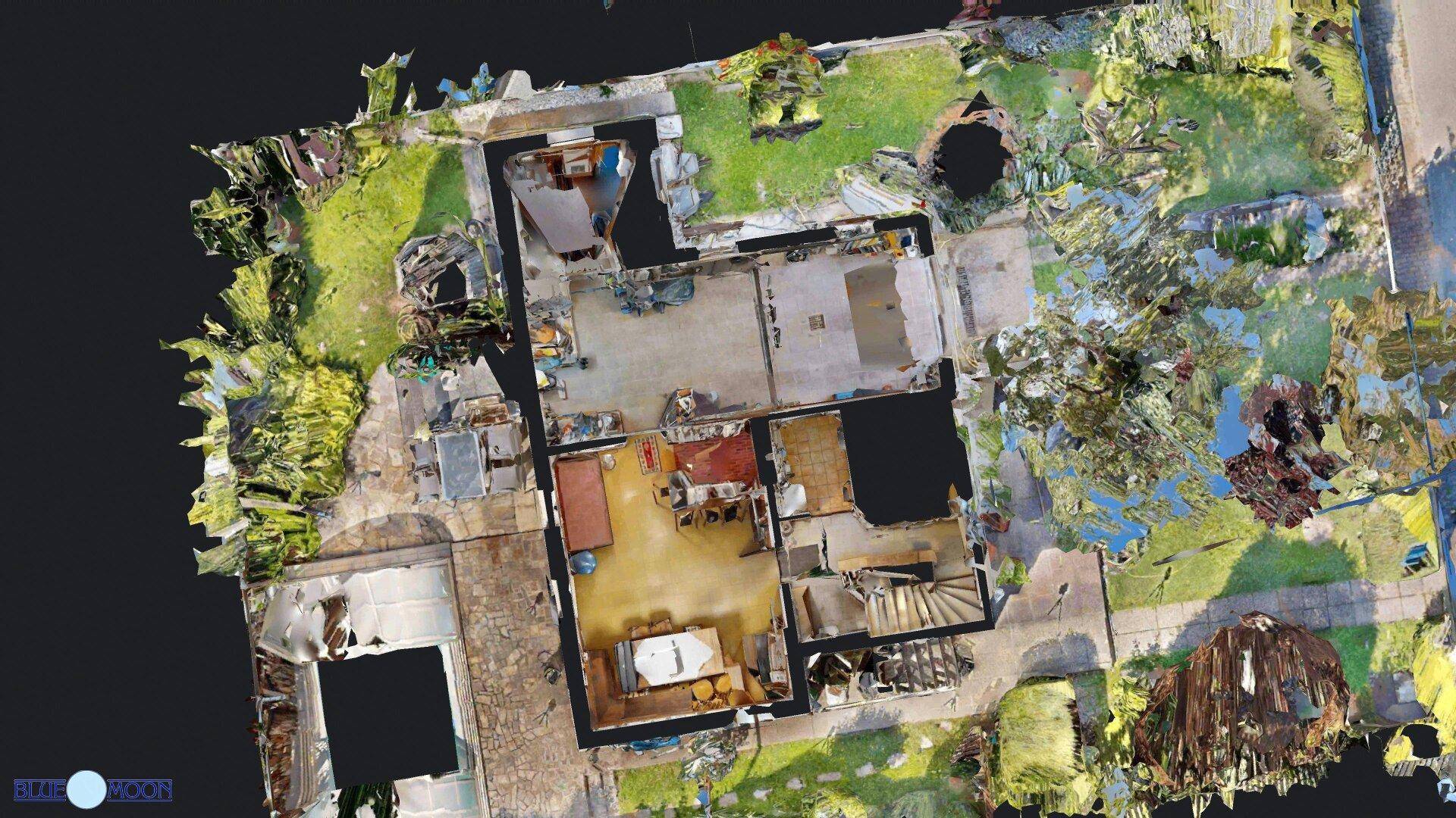 Gesamtansicht des Hauses und des Gartens in einer dreidimensionalen Modellansicht von oben.