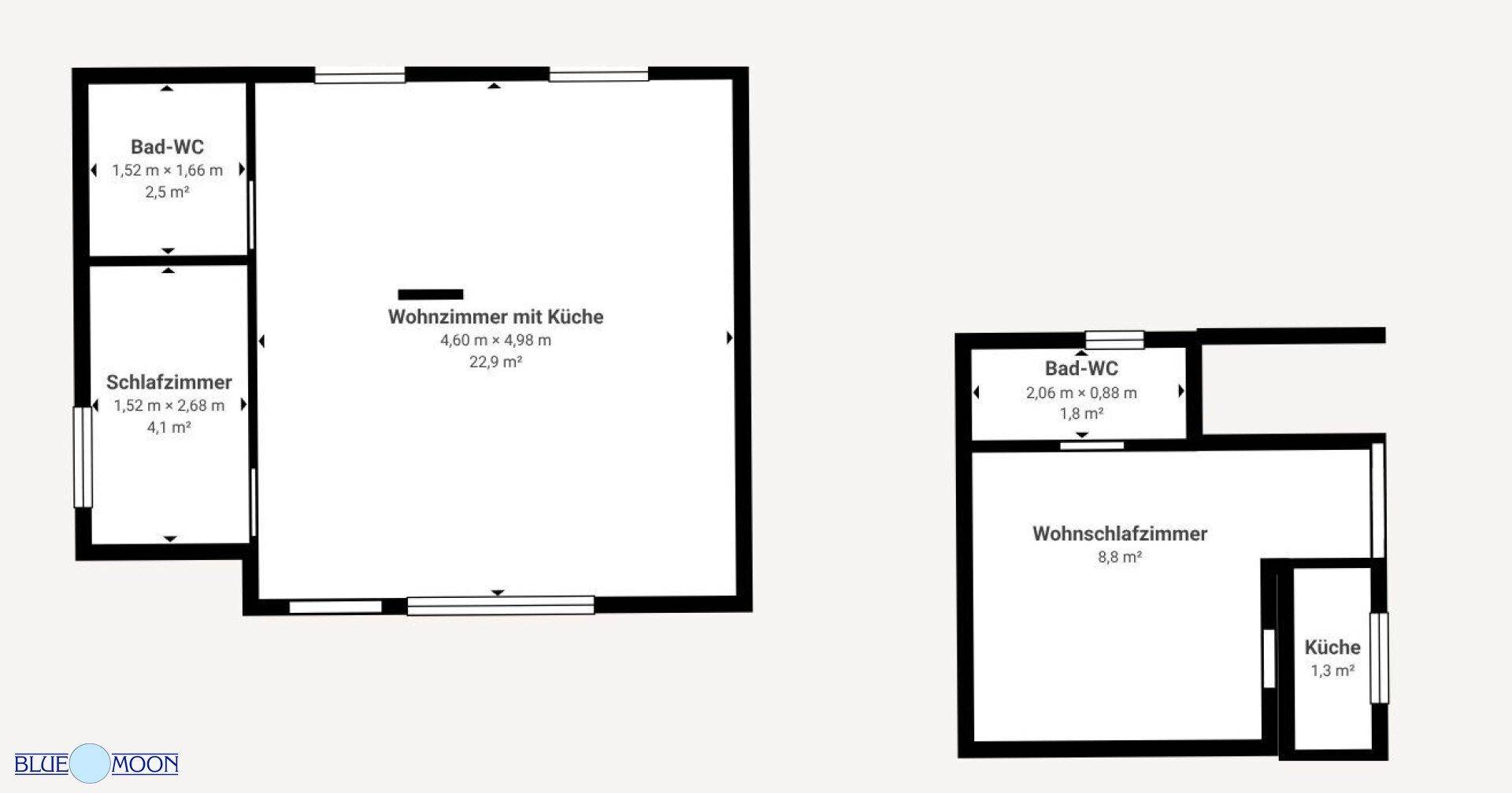 Zwei separate Grundrisse mit Raumaufteilung und Maßangaben für verschiedene Wohneinheiten.