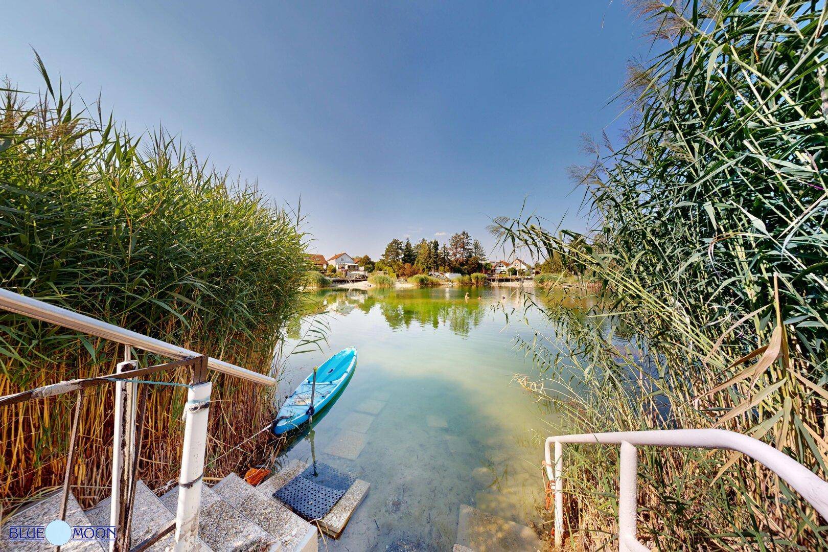 Malerischer Seezugang mit Schilf, Treppe und einem blauen Boot am Ufer unter blauem Himmel.