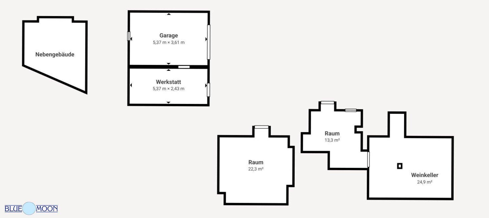 Grundrissplan mit separatem Nebengebäude, Garage, Werkstatt und Weinkeller.
