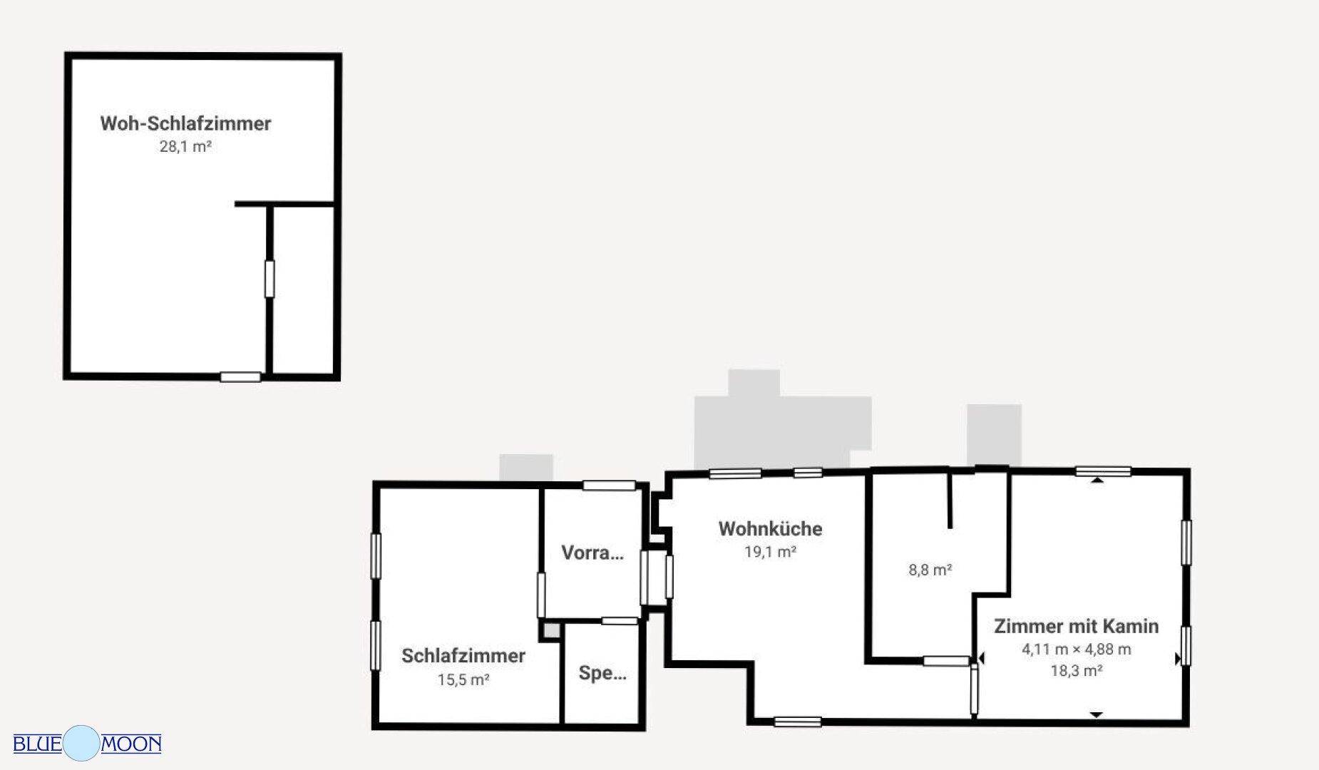 Grundrissplan mit Wohn-Schlafzimmer, separatem Schlafzimmer, Wohnküche und Zimmer mit Kamin.
