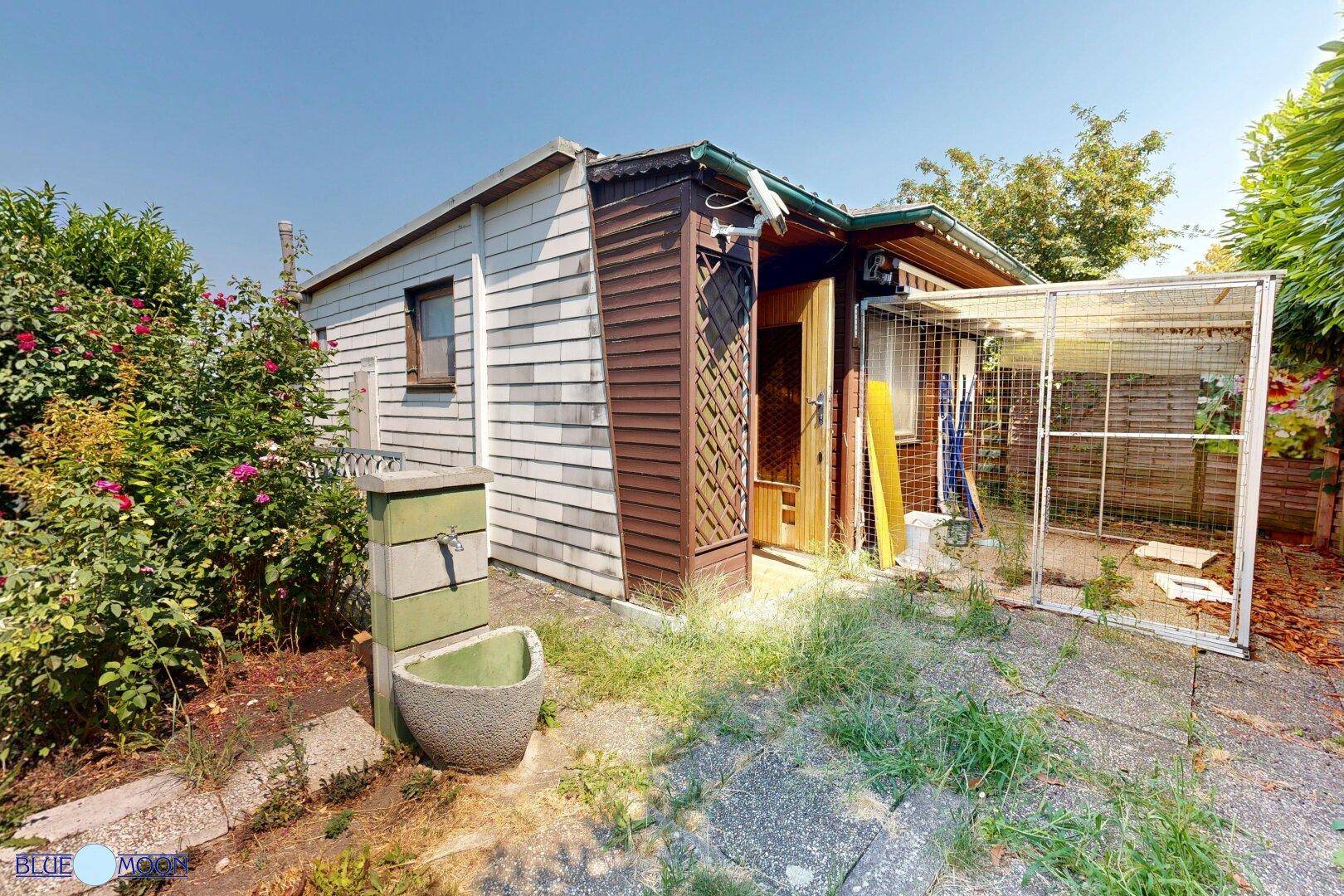 Kleines Gartenhaus mit Holzverkleidung und einem Wasserhahn im grünen Gartenbereich.
