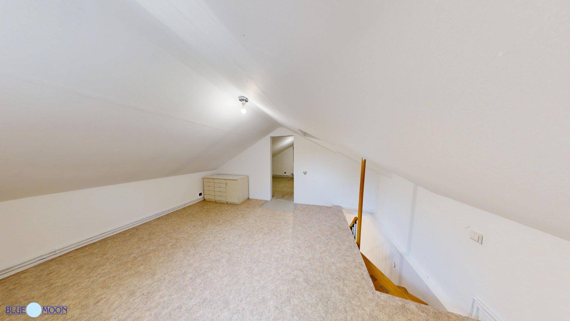 Geräumiger Dachbodenraum mit schrägen Wänden und Linoleumboden, bereit zur Gestaltung.