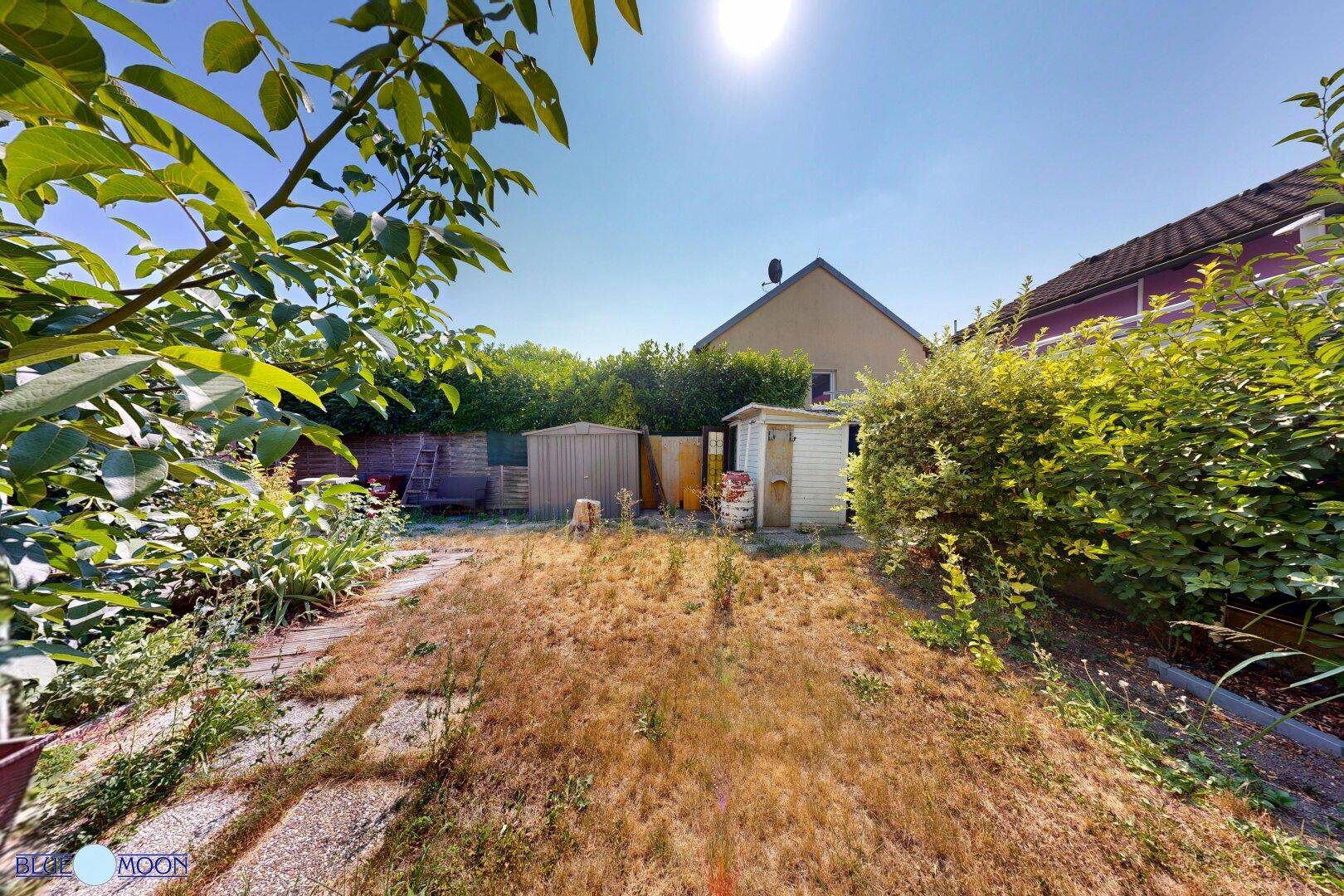 Ungepflegter Gartenbereich mit trockenem Gras und zwei Gartenschuppen unter blauem Himmel.