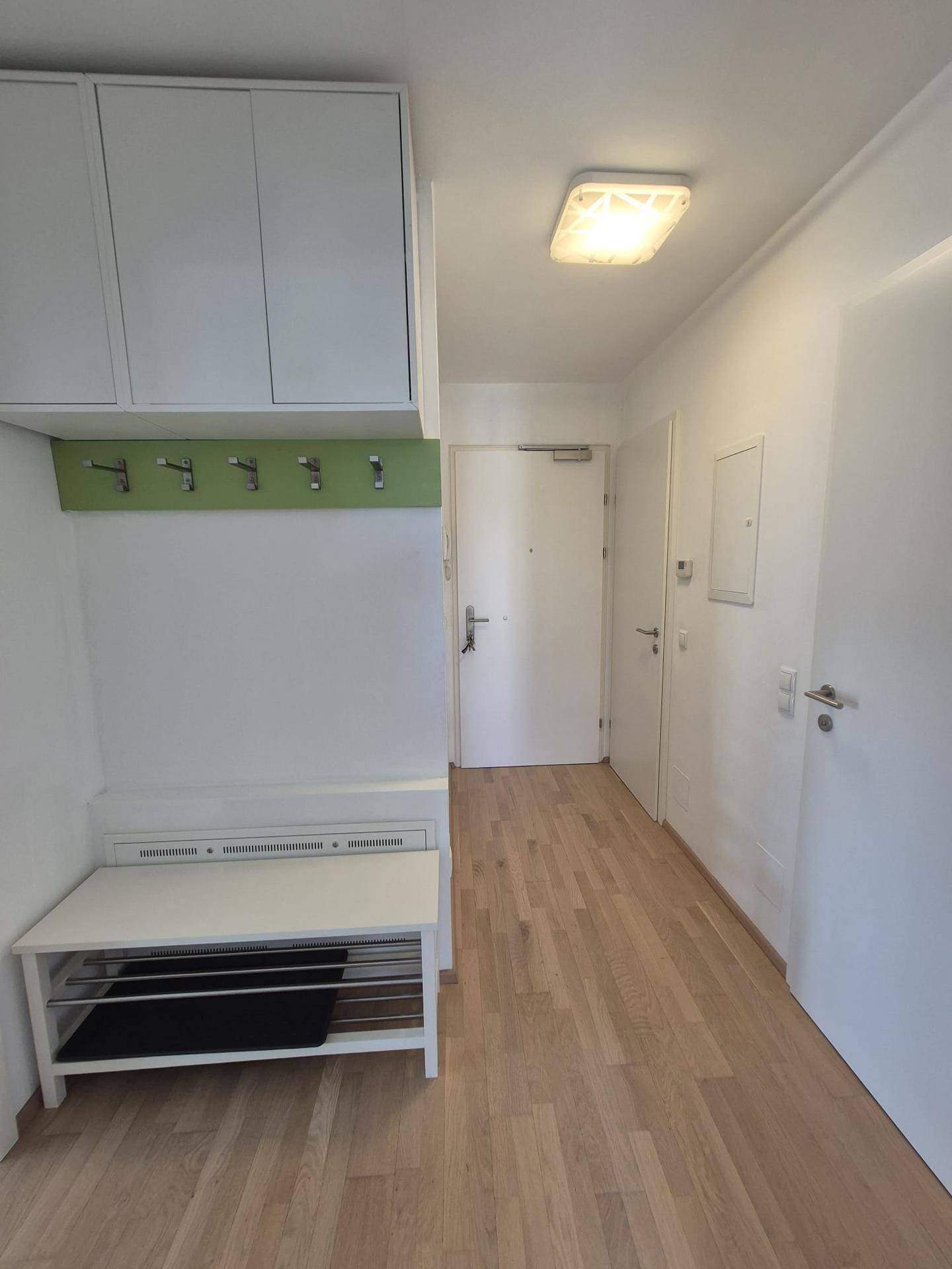 Heller Flur mit Garderobe, Einbauschränken und Parkettboden.