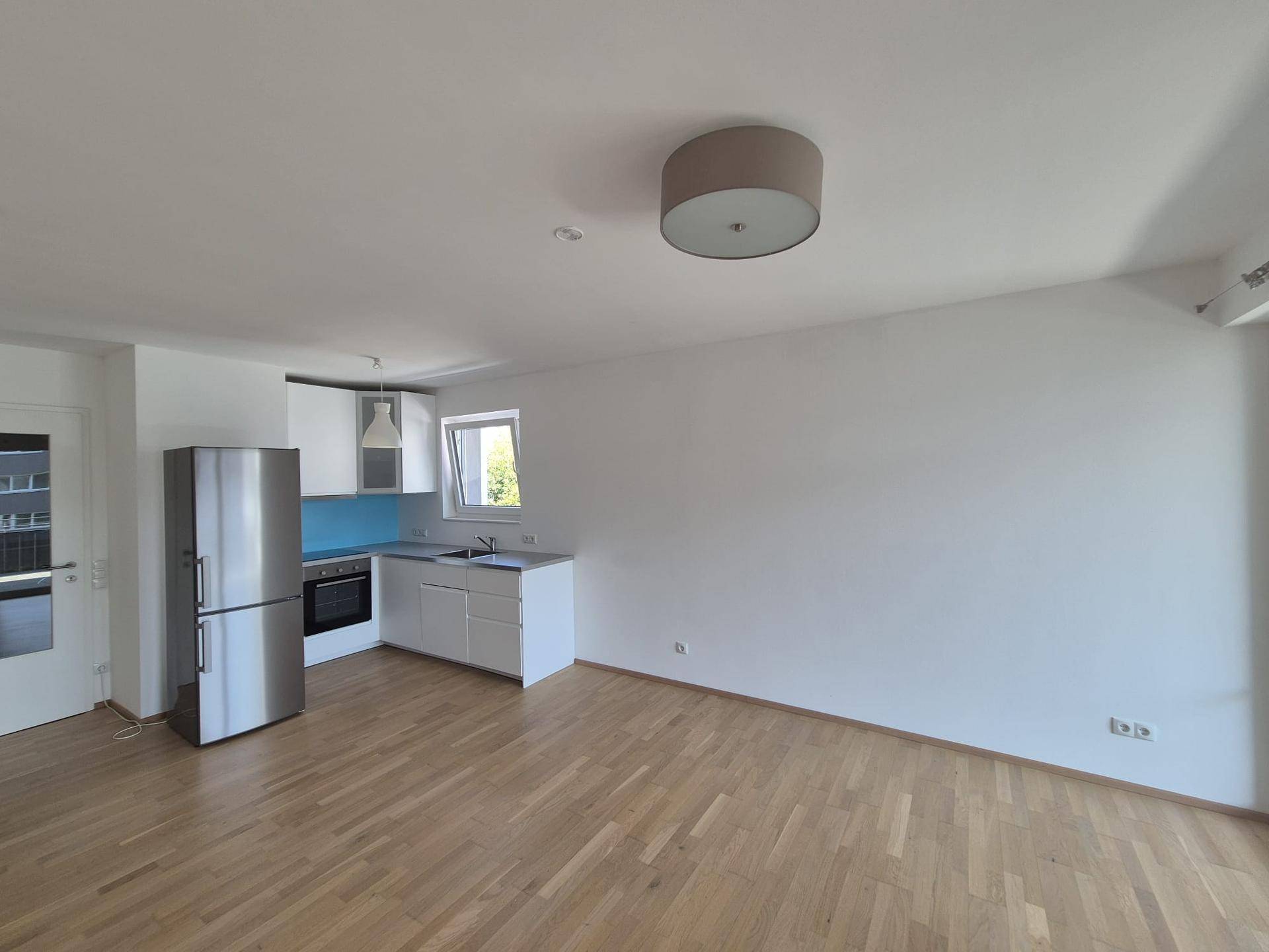 Geräumiger Wohnbereich mit moderner Einbauküche und hellem Holzfußboden.