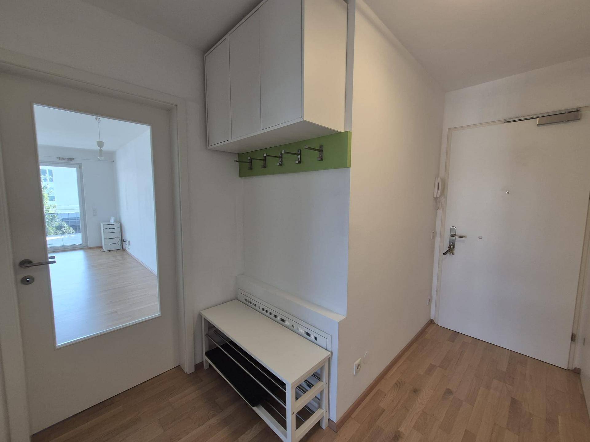 Eingangsbereich mit praktischer Garderobe und hellem Holzfußboden.