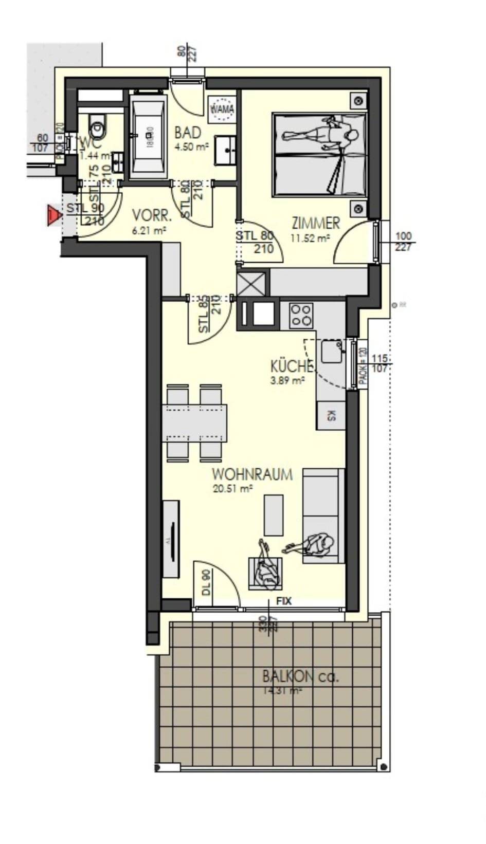 Grundriss der Wohnung mit Wohnraum, Küche, Schlafzimmer und Balkon.