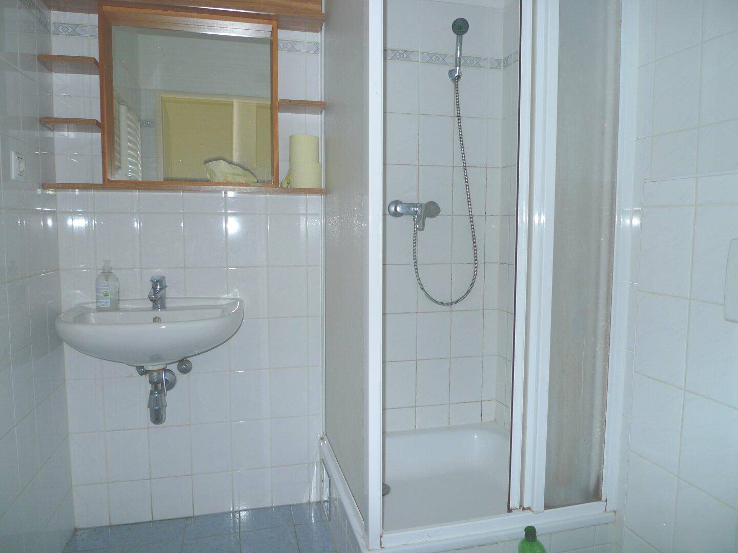Gefliestes Badezimmer mit Duschkabine, Waschbecken und Spiegelschrank.