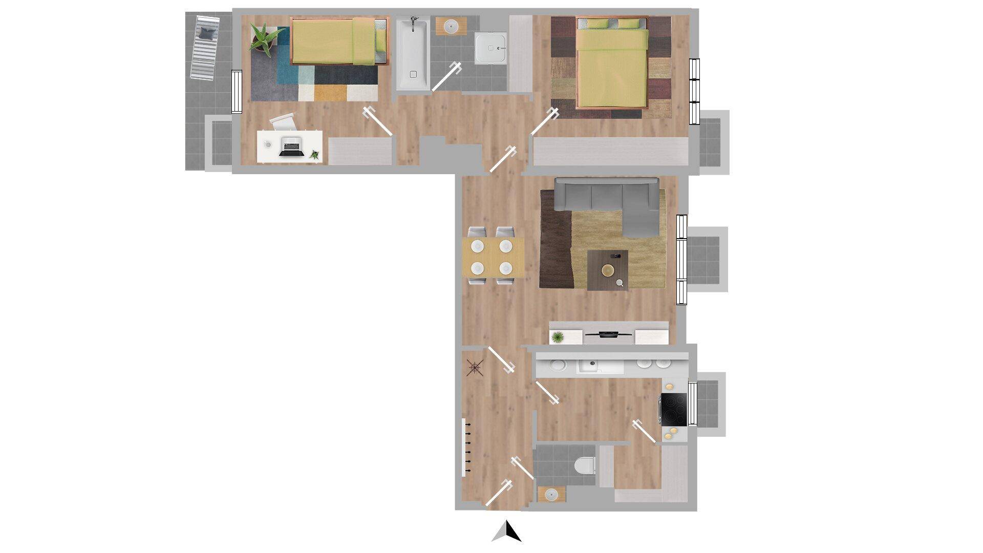 Detaillierter Grundriss einer Wohnung mit mehreren Zimmern und Außenbereichen.
