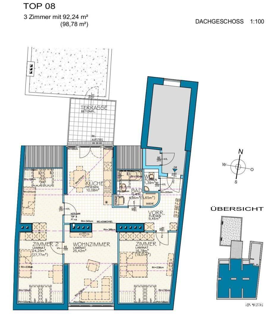 Grundriss der Dachgeschosswohnung TOP 08 mit drei Zimmern, einer Terrasse und 92,24 m² Wohnfläche.