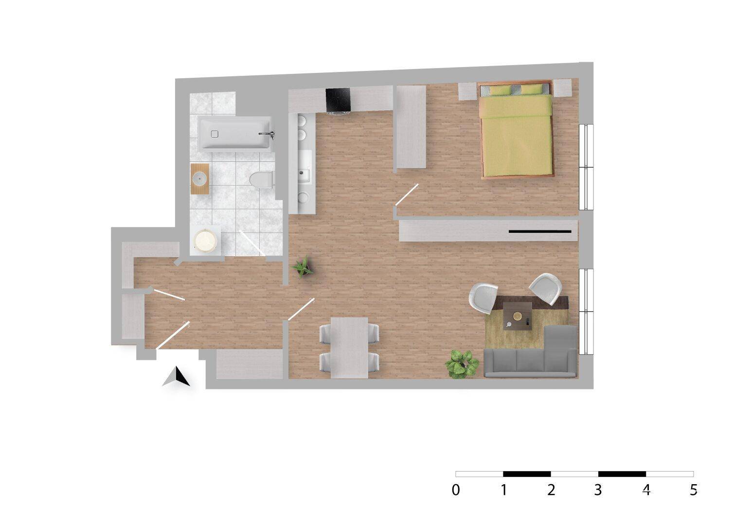 Detaillierter Grundriss einer Wohnung mit Schlafzimmer, Bad, Küche und offenem Wohnbereich.
