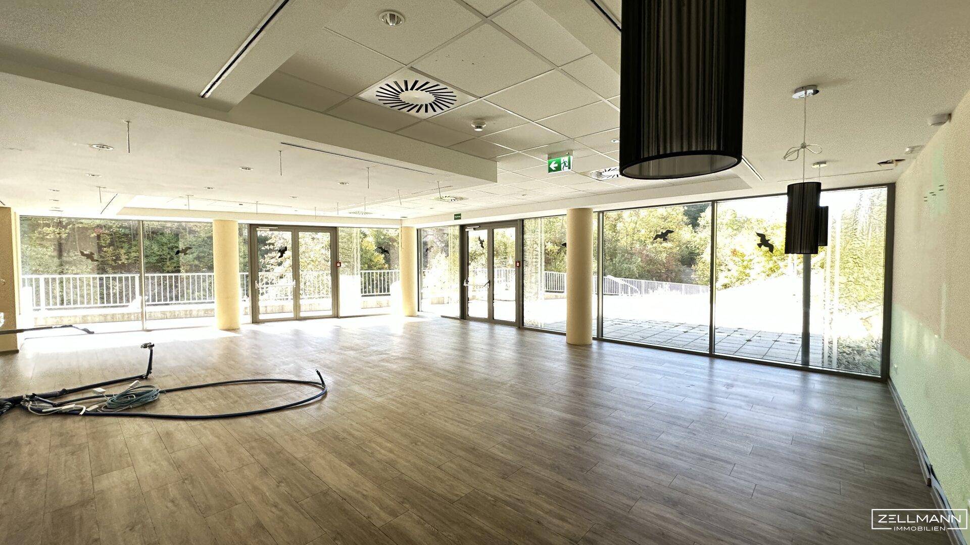 Geräumiger, leerer Innenraum mit großen Glasfronten, die viel Tageslicht hereinlassen und einen Blick ins Grüne bieten.