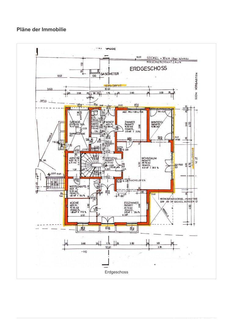 Grundriss des Erdgeschosses mit Wohnraum, Küche und Wintergarten.
