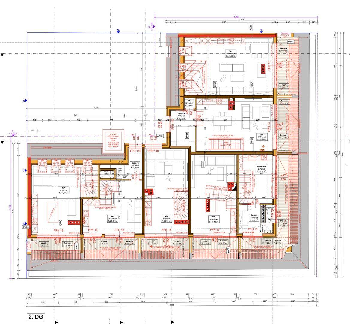 Grundriss des zweiten Dachgeschosses mit Wohnungen, Terrassen und Dachschrägen.