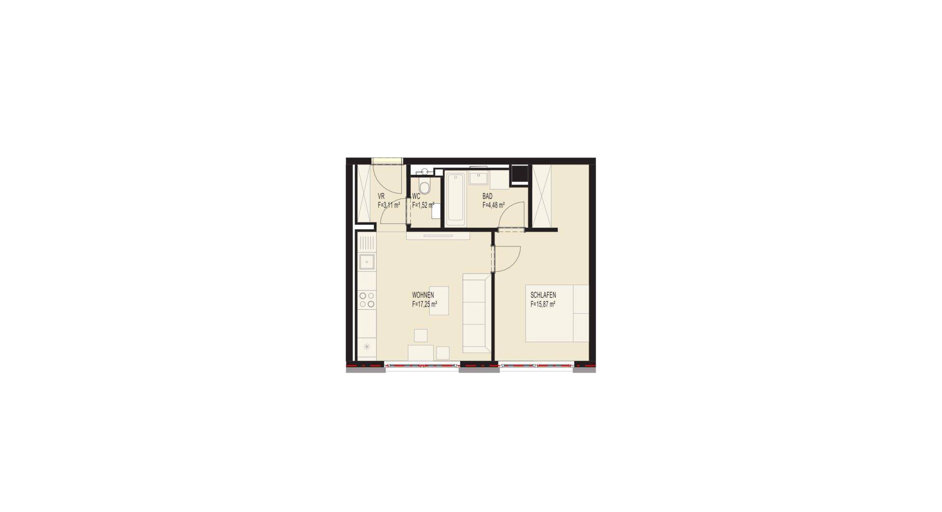 Grundriss einer Wohnung mit Wohnbereich, Schlafzimmer, Bad und WC.