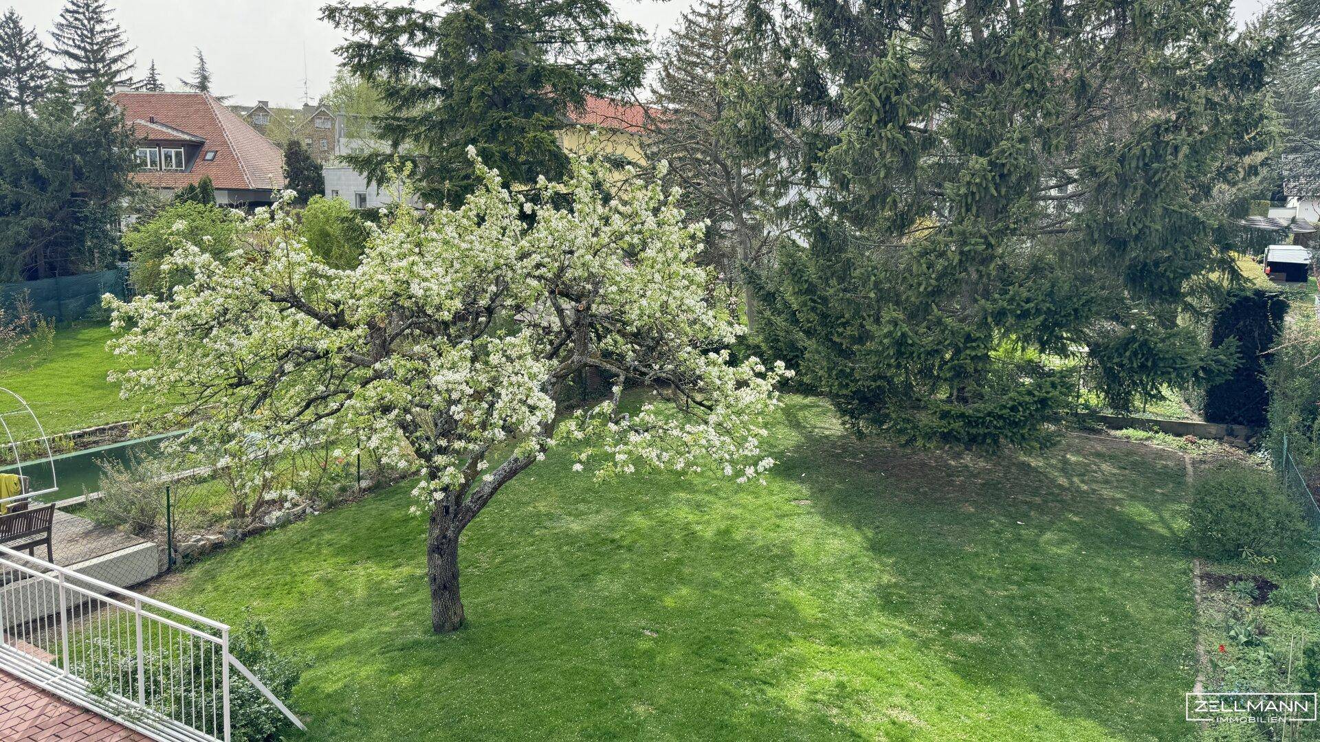 Blühender Garten mit Obstbaum, Rasenfläche und Blick auf die umliegende grüne Landschaft und Häuser.