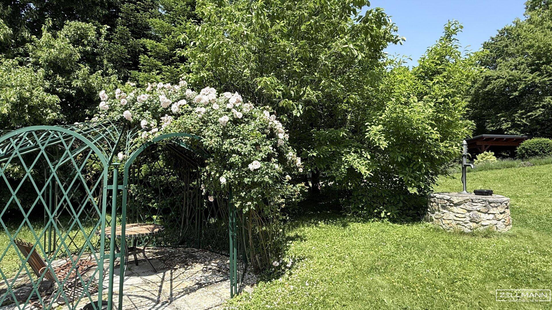 Romantischer Gartenbereich mit Rosenbogen, Sitzgelegenheit und altem Brunnen.