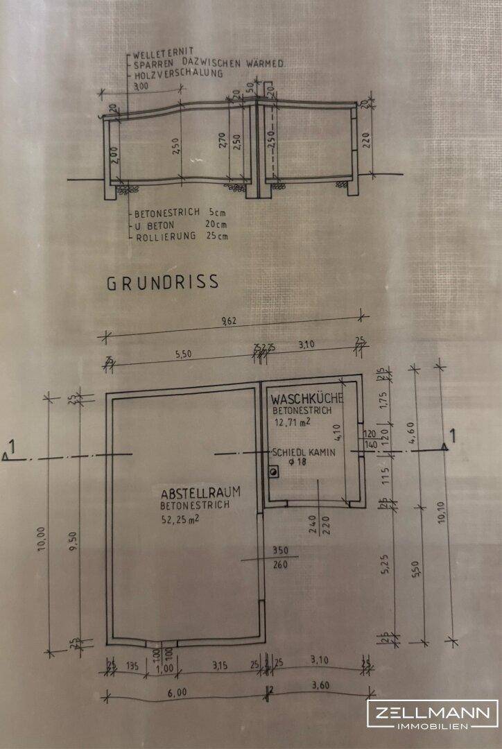 Grundrissdetails mit Abstellraum und Waschküche, inklusive Maßangaben und Schornstein.