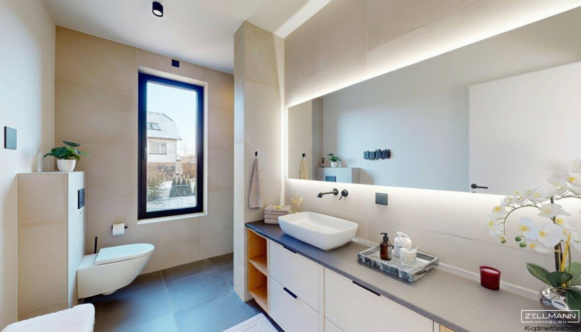 Modernes Badezimmer mit Fenster, wandhängendem WC und stilvollem Waschtisch mit Unterschrank.