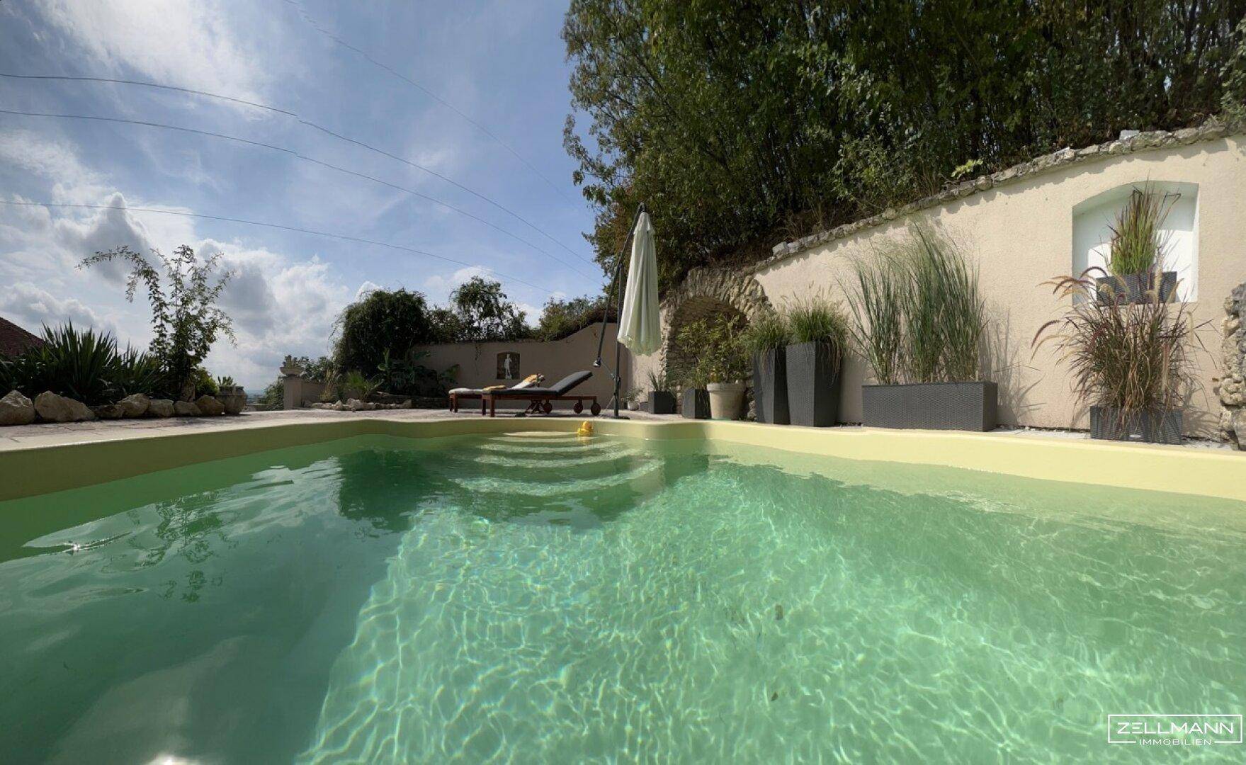 Großer Außenpool mit Sonnenliegen, Sonnenschirm und mediterraner Bepflanzung.