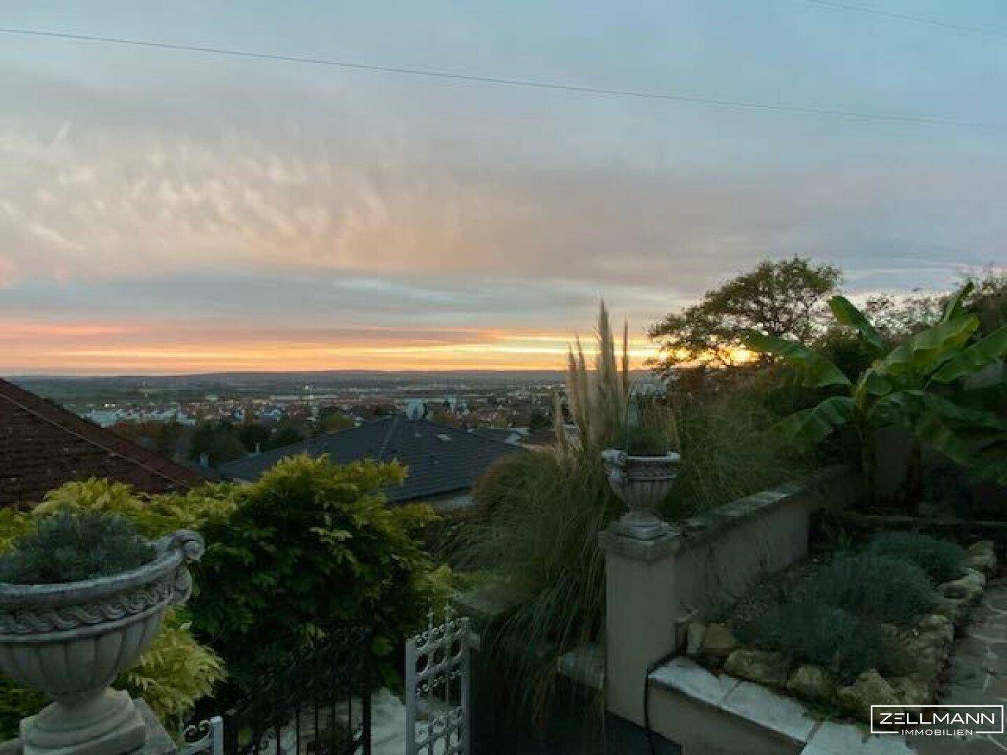 Malerischer Sonnenuntergang über der Stadt und der Landschaft mit dekorativen Pflanzen.