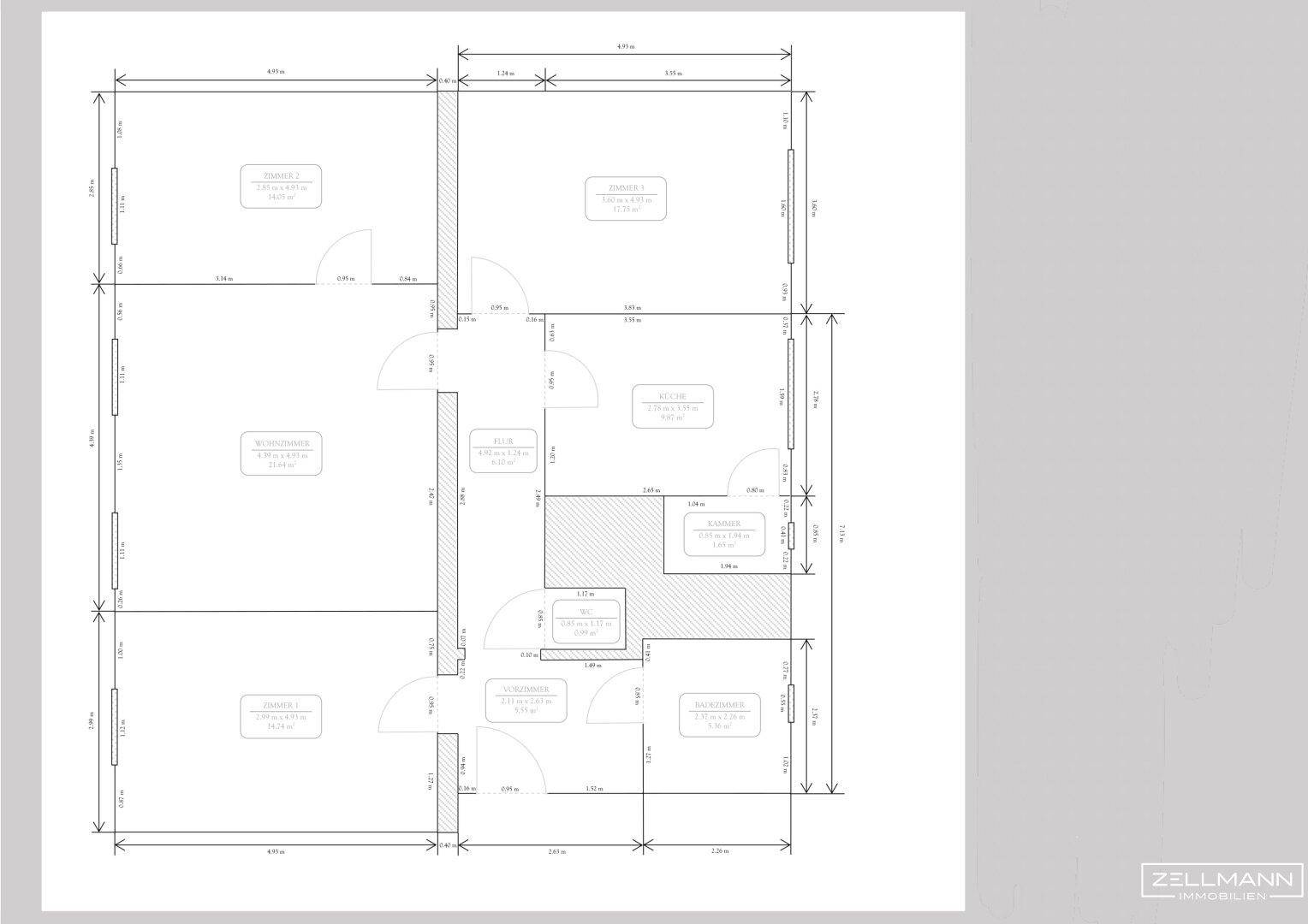 Grundriss der Wohnung mit Raumaufteilung und Maßen.