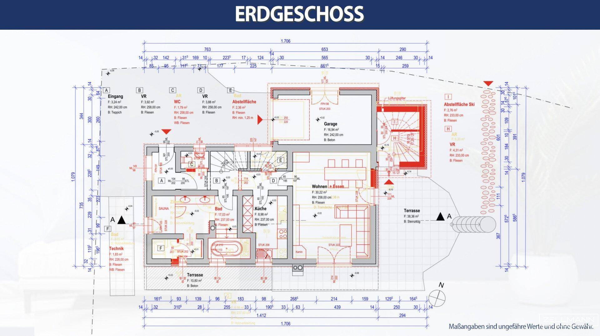 Grundriss des Erdgeschosses mit Wohnbereich, Küche, Garage und Terrasse.