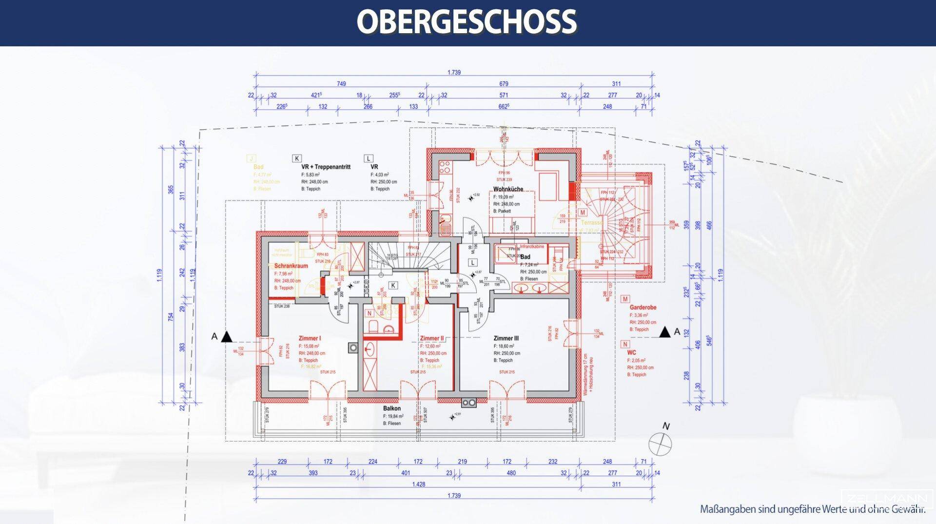 Grundriss des Obergeschosses mit Schlafzimmern, Bädern und Balkonzugang.