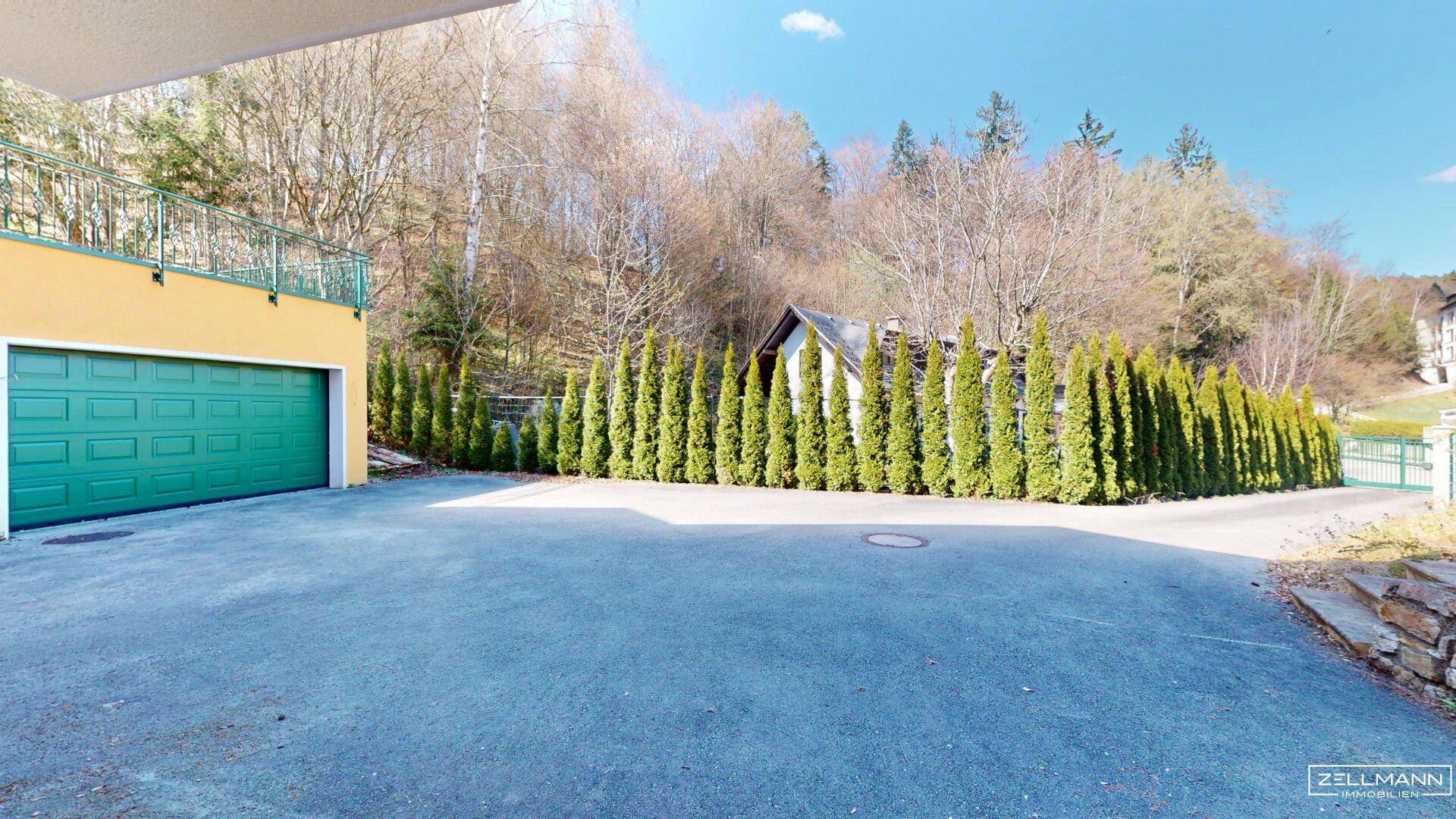 Geräumige Auffahrt mit Doppelgarage und gepflegter Hecke vor dem Gebäude.
