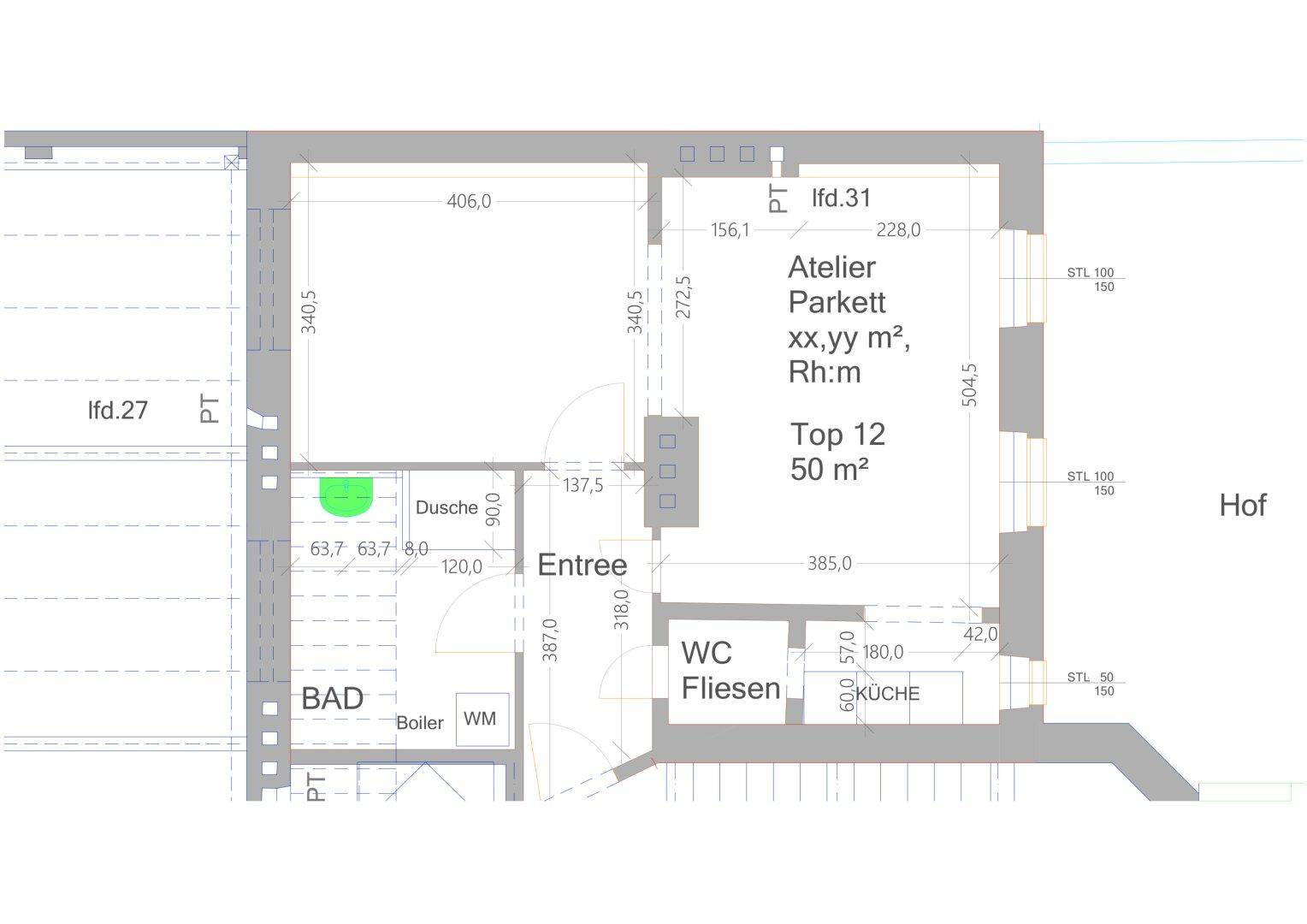 Grundriss einer 50 m² großen Wohnung mit Atelier, Bad, WC und Küchenbereich.