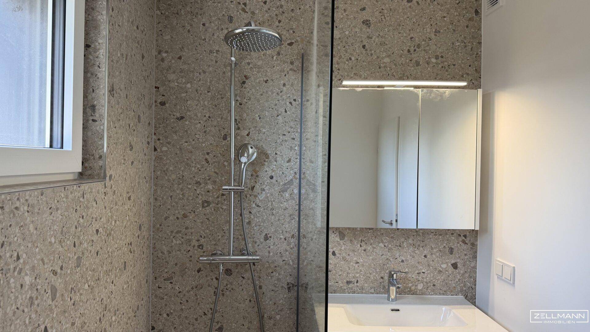 Detailansicht der modernen Dusche und des Waschbeckens mit Spiegelschrank im Badezimmer.