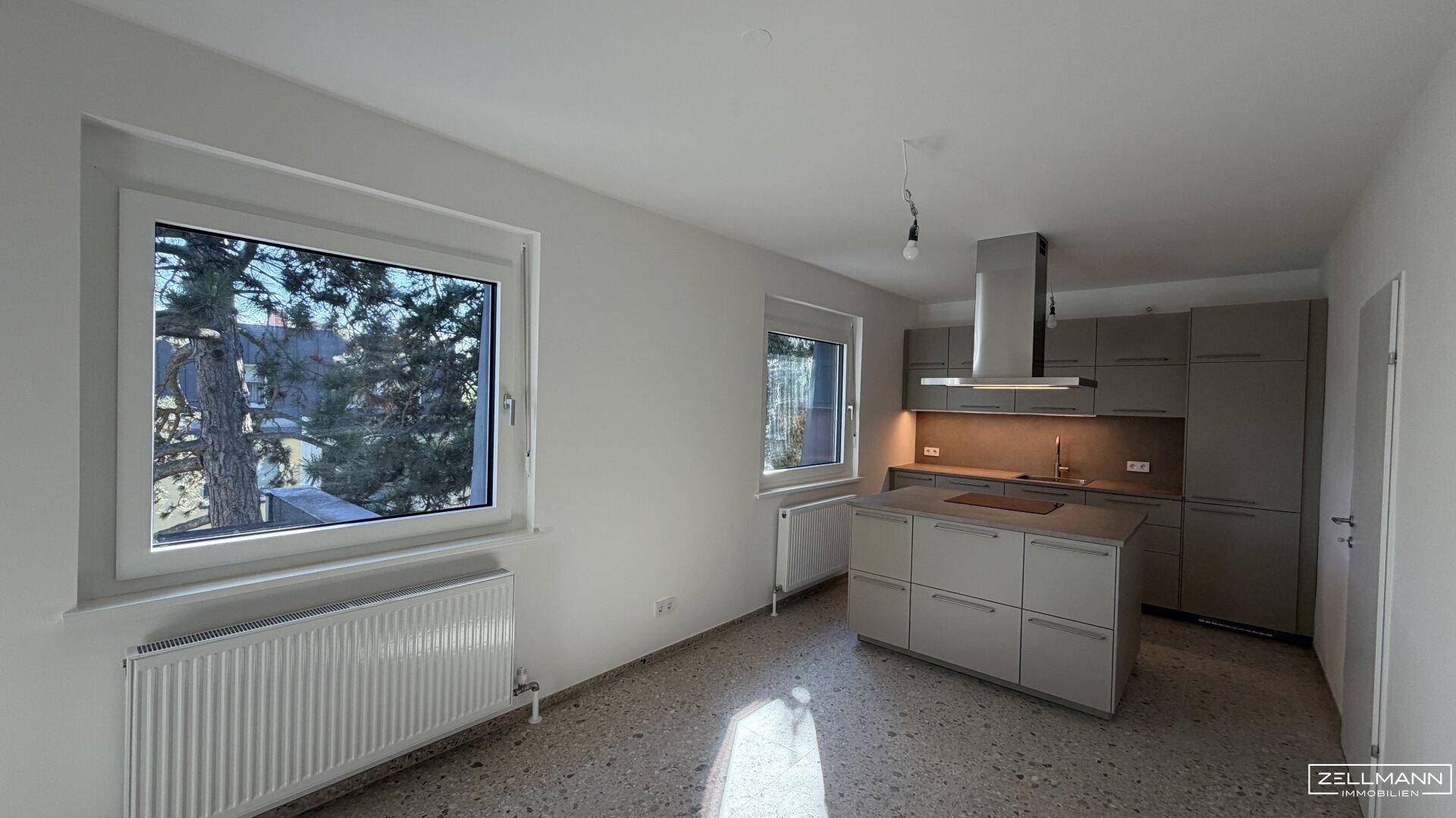 Offene Küche mit Kücheninsel und angrenzendem Wohnbereich, hell und modern gestaltet.