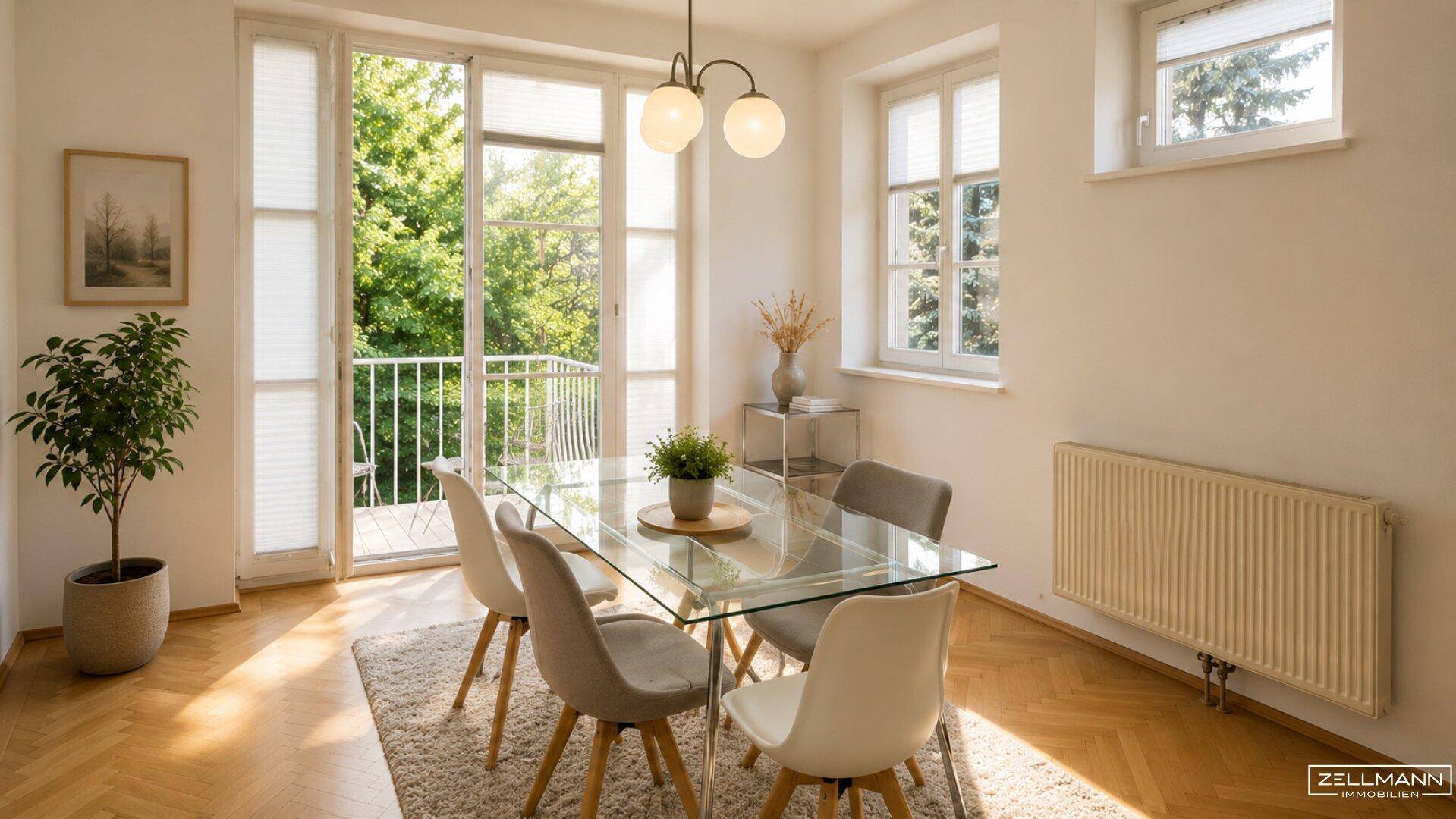Heller Essbereich mit Glastisch, modernen Stühlen und Zugang zu einem französischen Balkon mit Grünblick.