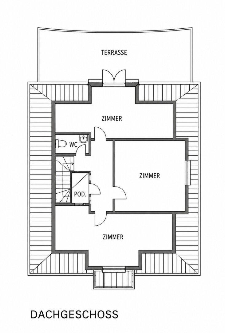Grundriss des Dachgeschosses mit Zimmern, WC und großer Terrasse.