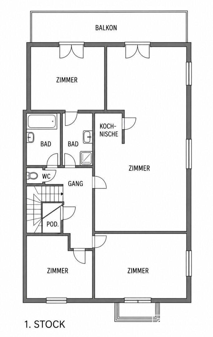 Grundriss des ersten Stocks mit mehreren Zimmern, zwei Bädern, Kochnische und Balkon.