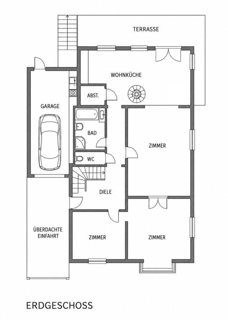 Grundriss des Erdgeschosses mit Wohnküche, Garage, Bad und Terrasse.